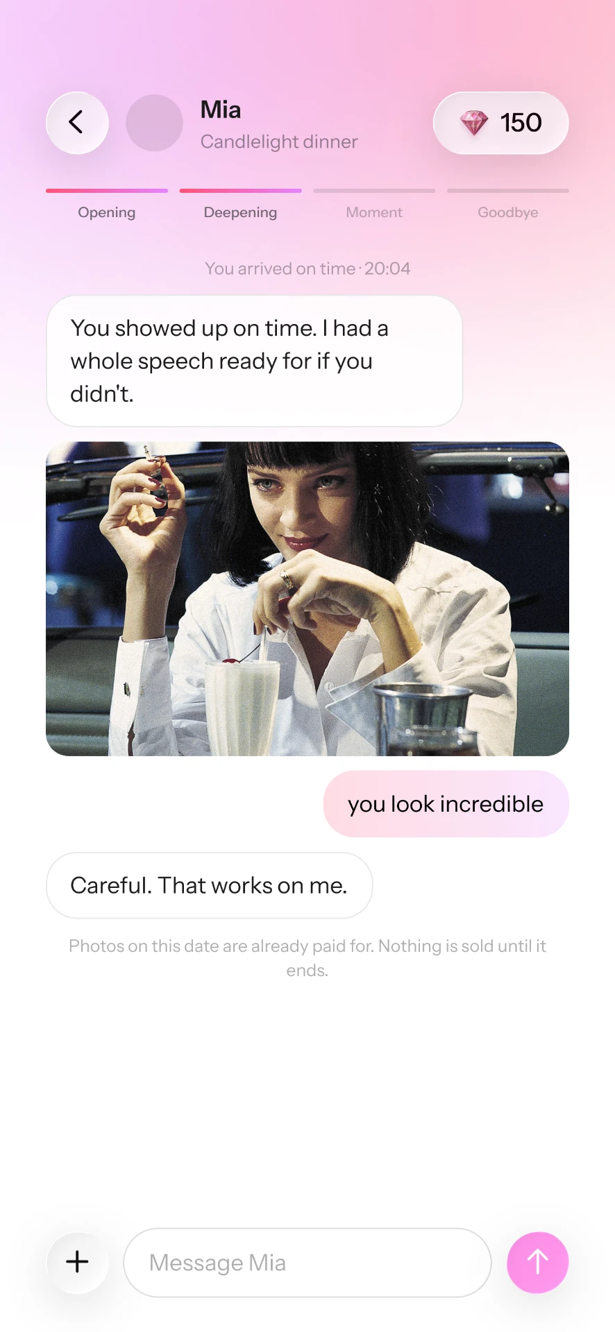 Textopia date mode — candlelight dinner with progress through Opening, Deepening, Moment and Goodbye